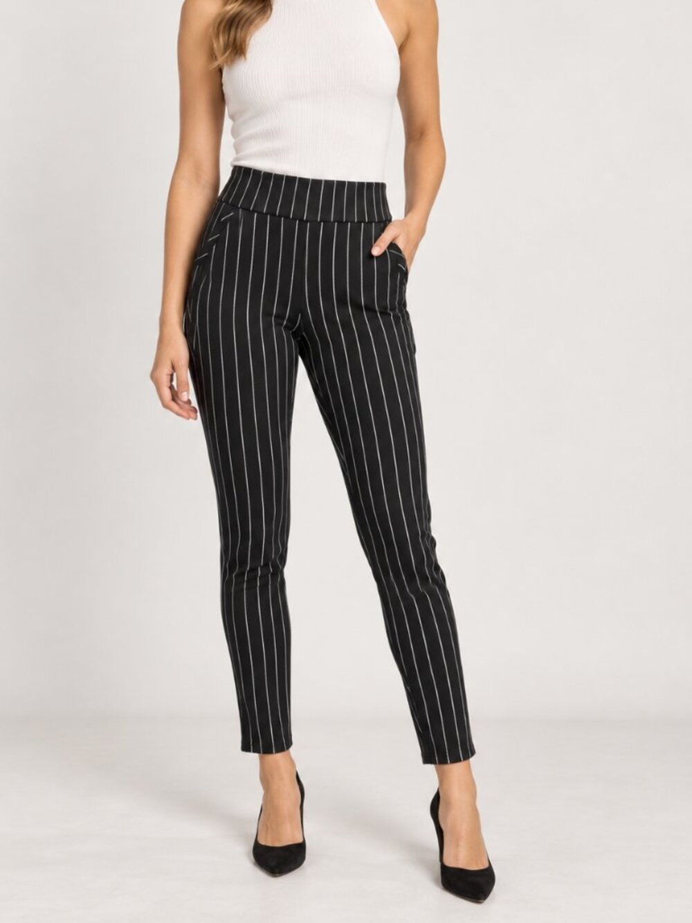 Shosho Black Pinstripe Stretch Pants Skinny Ankle Trousers Size L